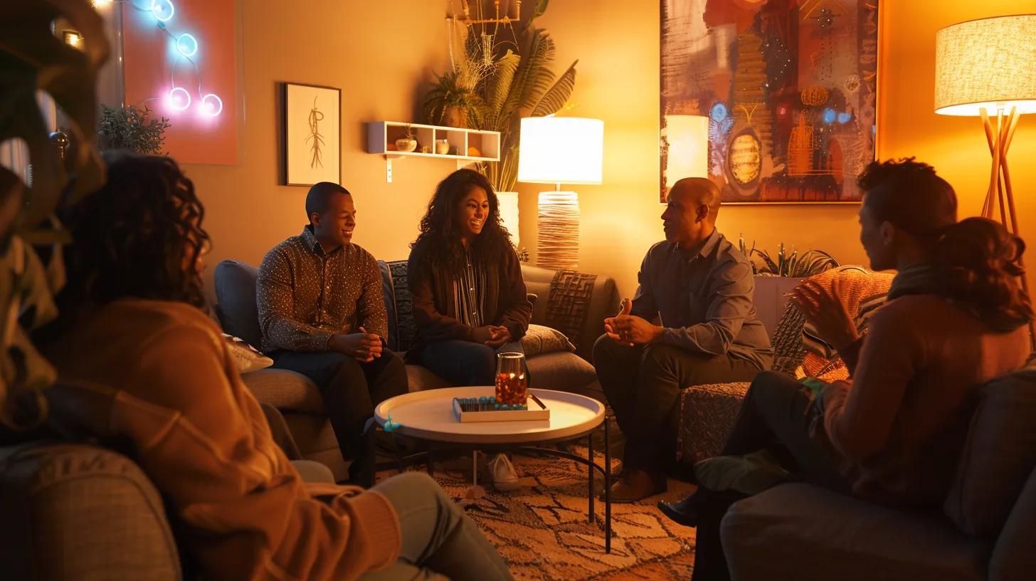 a cozy family therapy room is filled with warmth as a diverse family engages in an open discussion, surrounded by supportive decor that fosters a sense of trust and unity, symbolizing their journey of healing and growth through addiction recovery.