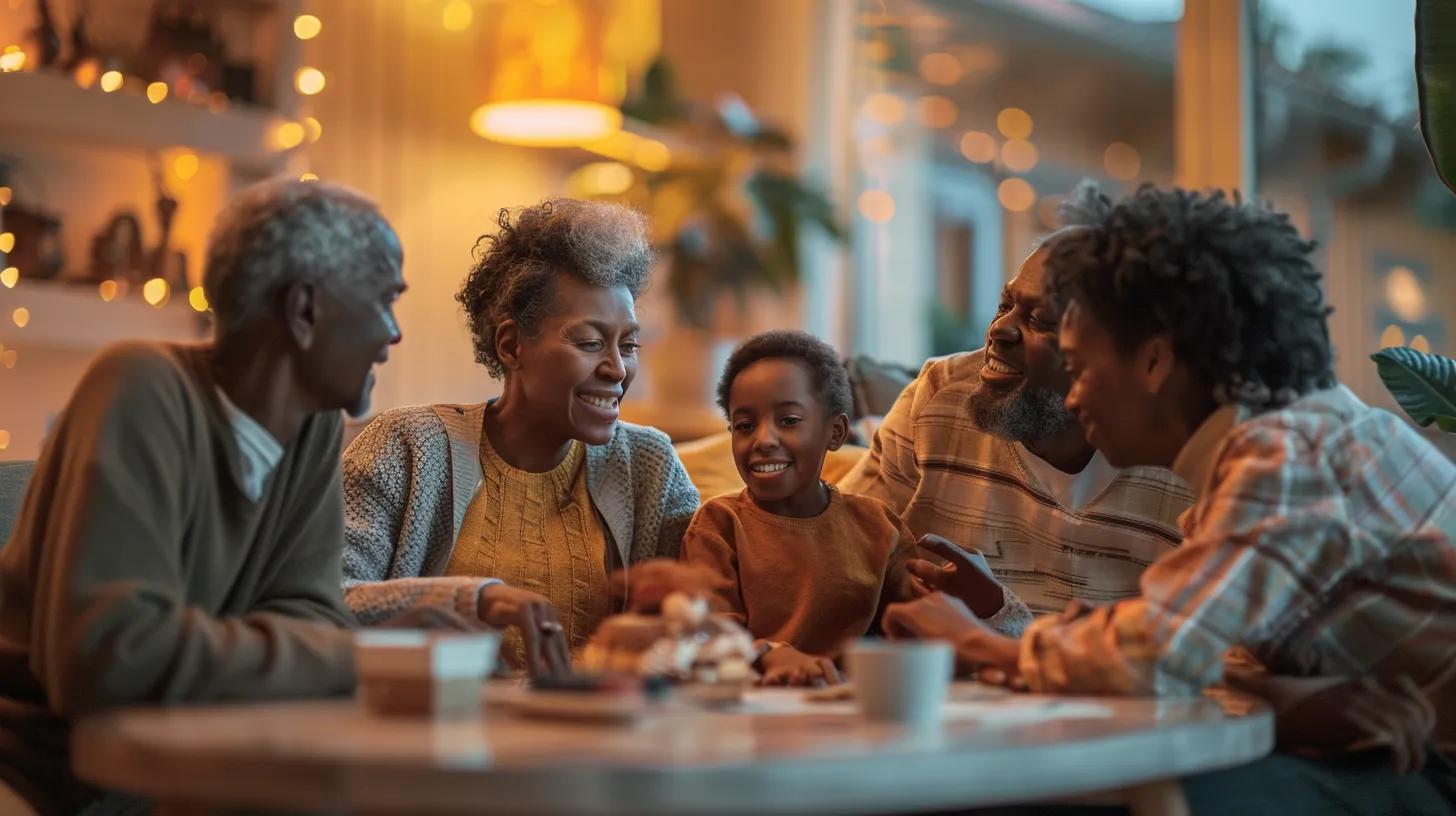 a cozy, modern living room setting features a supportive family gathered around a table, joyfully celebrating a loved one’s recovery milestone with heartfelt smiles and a small cake, symbolizing unity and encouragement in the journey of addiction recovery.