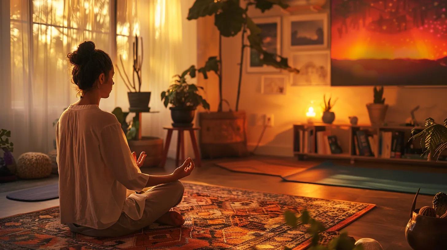 a cozy, well-lit living room setting features a family member engaged in mindfulness meditation, surrounded by personal hobbies like painting and yoga mats, reflecting the importance of self-care in supporting a loved one through addiction recovery.