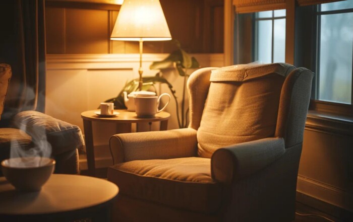 a serene and inviting therapy room, softly lit by warm overhead lights, featuring a comfortable armchair and a small round table with a steaming cup of tea, symbolizing a safe space for addiction recovery discussions.