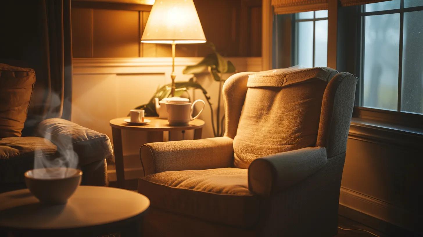 a serene and inviting therapy room, softly lit by warm overhead lights, featuring a comfortable armchair and a small round table with a steaming cup of tea, symbolizing a safe space for addiction recovery discussions.