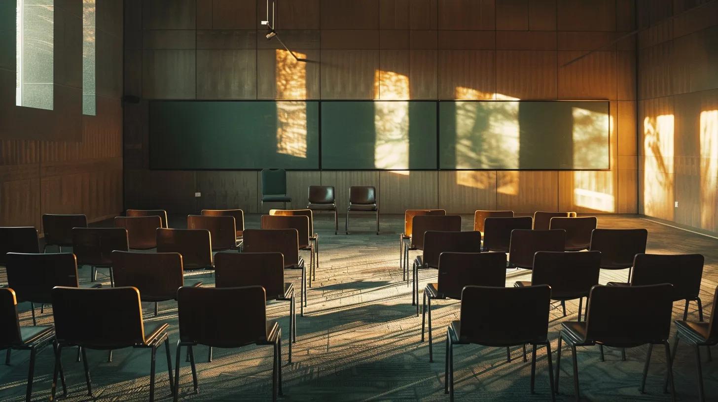 a tense yet hopeful scene unfolds in a dimly lit, modern conference room where a small group of concerned family members and a professional interventionist engage in a heartfelt conversation, surrounded by empty chairs that symbolize the struggles of addiction.