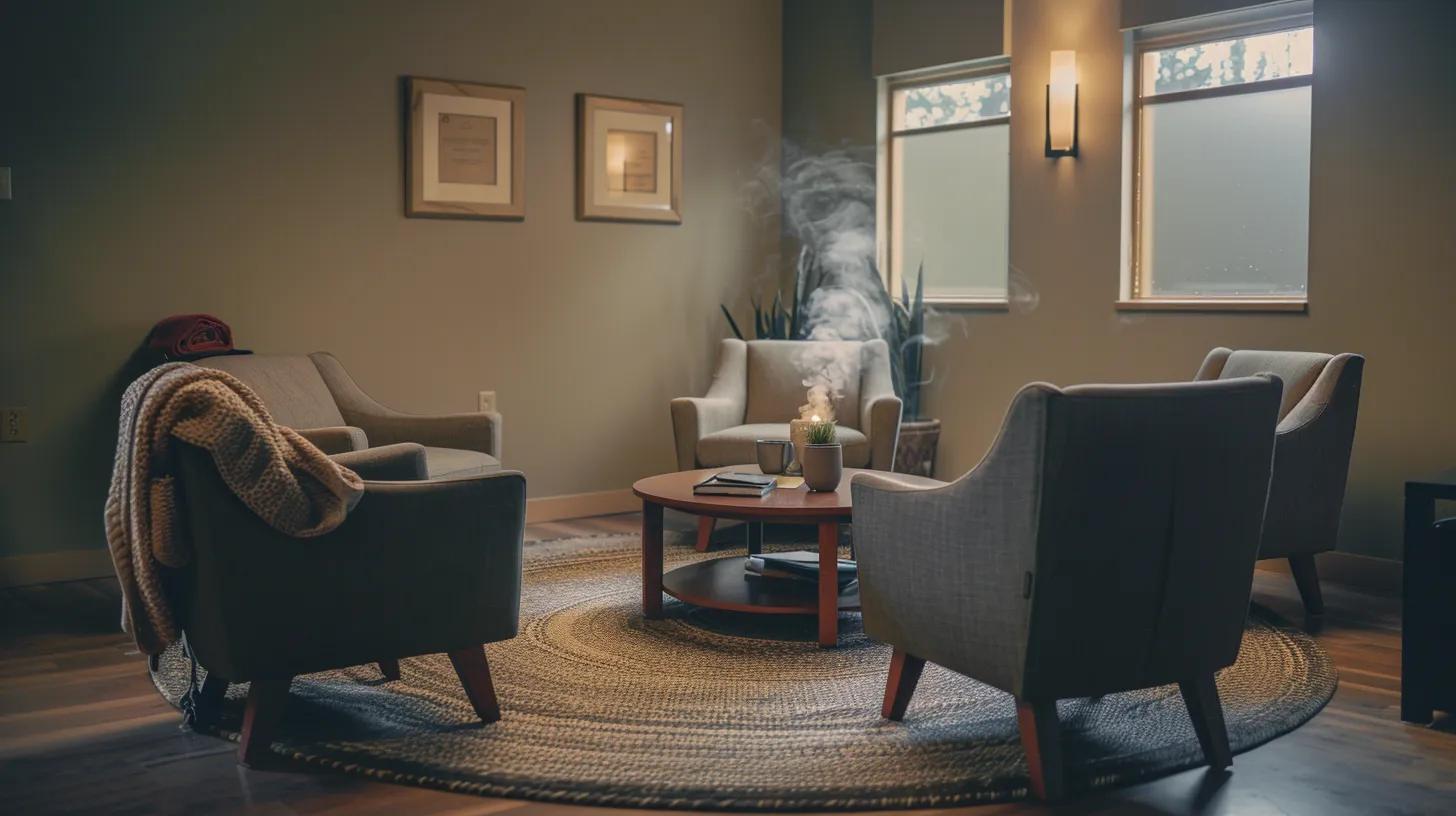 a warm and inviting family therapy room, featuring a circle of comfortable chairs, soft lighting, and a central coffee table with a journal and a steaming cup, symbolizing open communication and the rebuilding of trust among family members in the aftermath of addiction intervention.