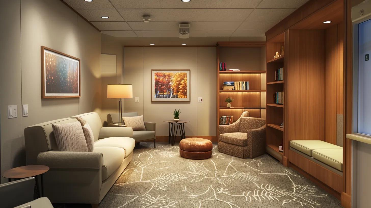a warm and inviting therapy room with plush seating, soft ambient lighting, and diverse educational materials on addiction recovery displayed prominently, visually conveying a supportive environment for family healing and collaboration.