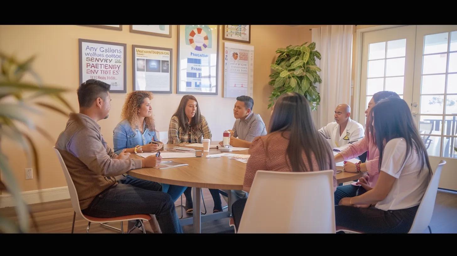 a warm, inviting family meeting room is set up with a round table, where diverse family members engage in open dialogue, surrounded by supportive visual cues like framed positive affirmations and a chart outlining healthy boundaries, highlighting a constructive atmosphere for addiction recovery discussions.