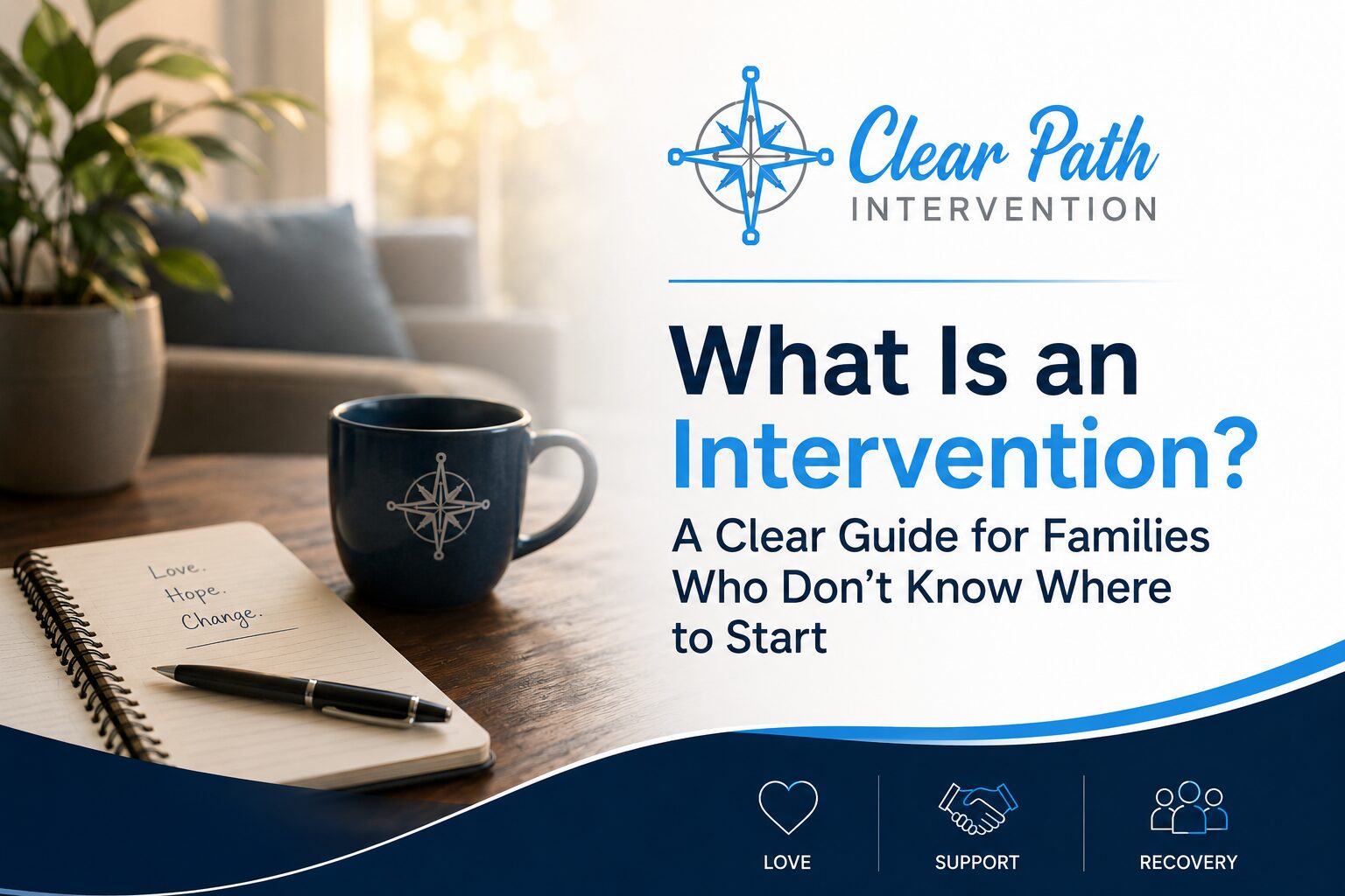 Clear Path Intervention branded graphic featuring a welcoming counseling office with a notebook, pen, and coffee mug in the foreground